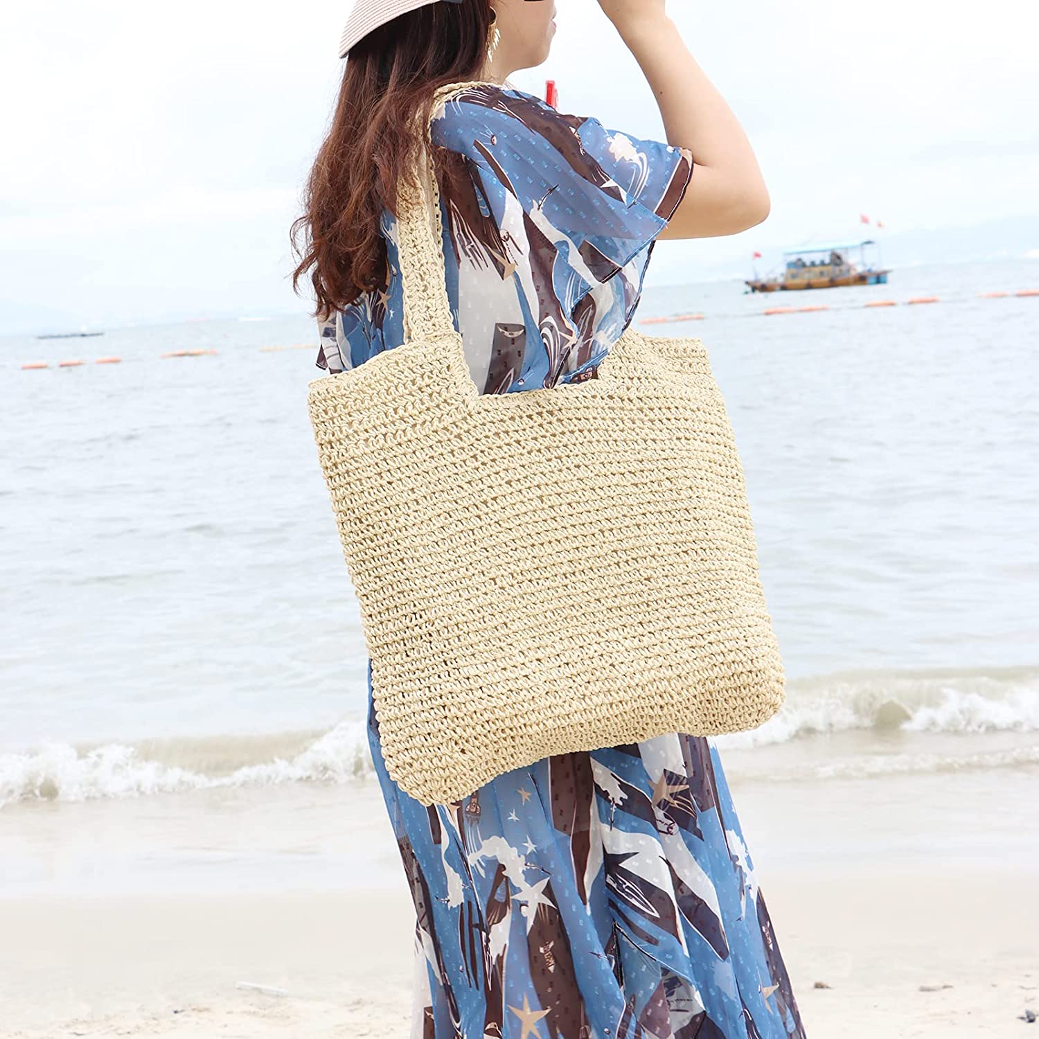 Straw Beach Tote Bag for Women Large Summer Woven Tote Bag Shoulder Handbags